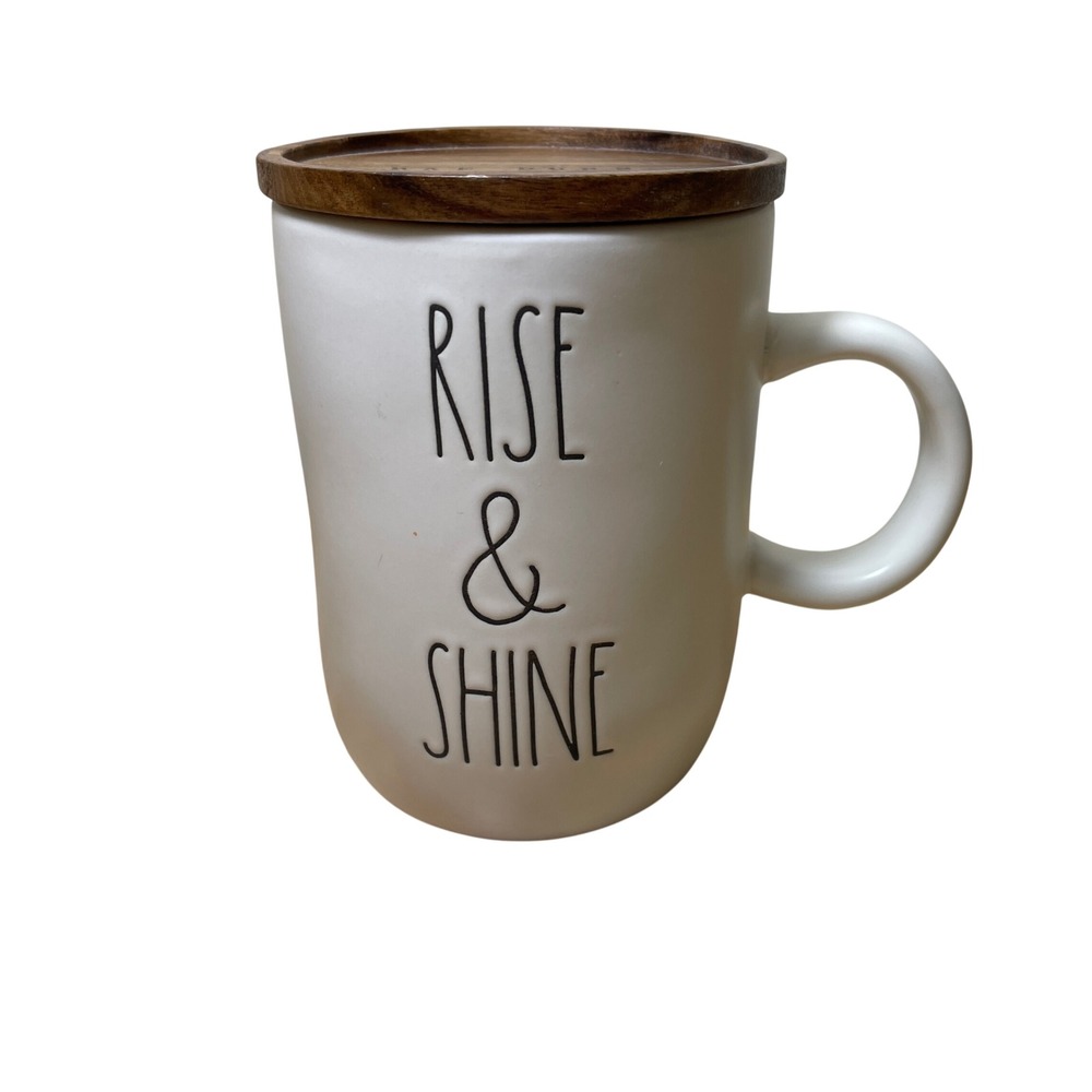 Rae Dunn Rise & Shine Coffee Mug with Wood Lid White Ceramic Artisan Collection